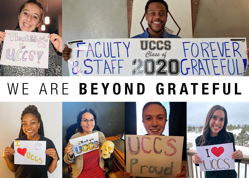 This photo shows multiple students holding up signs while smiling. Their signs say "Beyond grateful" and additional text in this image reads "WE ARE BEYOND GRATEFUL"