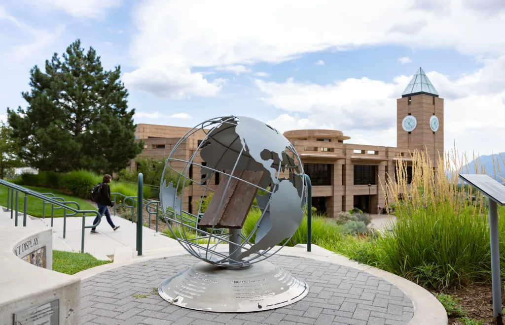 Globe in-front of UCCS Library building 